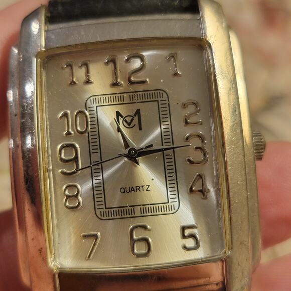 Vintage Watches MC Quartz Rectangular Dial Gold Tone Japan Movement Leather Band - Picture 1 of 10